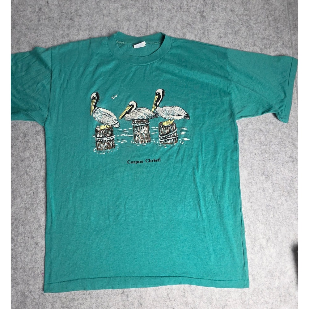 VTG 90s TNT Casuals Corpus Christi Pelican Graphic Tee XL Green Single Stitch